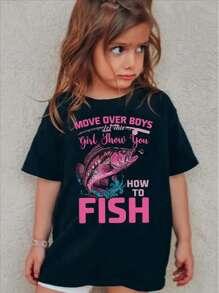 HOW TO FISH Anime Graphic Print Tee, Girls' Casual & Comfy Crew Neck Short Sleeve T-Shirt For Spring & Summer, Girls' Clothes For Outdoor Activities - 黑色 - 查看 1