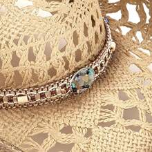 1 Hat And 2 Decorations Unisex Bead Decor Cowgirl Hat Hollow Out Summer Travel Shade Cowboy Hat Dyeing Wide Brim Printed Breathable With Beaded Trim Band Hand Woven Beach Hat Fedora Sun Hat Straw Hat - 米色 - 查看 5