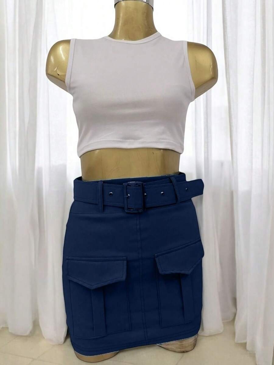 Cargo Skirt With Belt In Gabardine. - 藏蓝色 - 查看 1