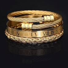 3pcs/Set Men's Retro Roman Letter Cable Knit Mesh Stainless Steel Bracelet Set - Gold - View 11