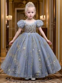 Tween Girls' Party Dress Long Gown, Luxury Wedding Banquet Princess Dress, Short Puff Sleeve Summer - Grey - View 1