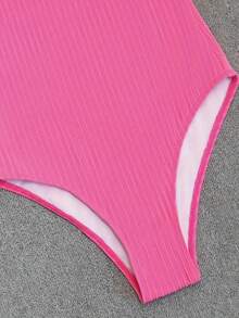 2024 New Striped Flounce Trim One-Piece Swimsuit, Casual Fashion Women Swimwear - Pink - View 5