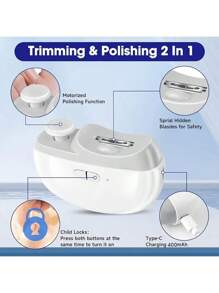 1pc Smart Electric Nail Clippers With Anti-Clip, Nail Polishing, Lighting And Grinding Functions. Suitable For All Ages. Portable USB Rechargeable 2-In-1 Electric Nail Clipper & Grinder With LED Light Avoid Clipping The Meat