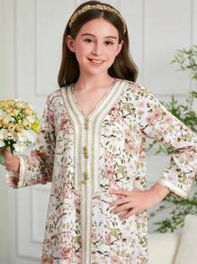 Tween Girls' Arabian Dubai Style Print Loose Long Dress/Robe - Multicolor - View 1