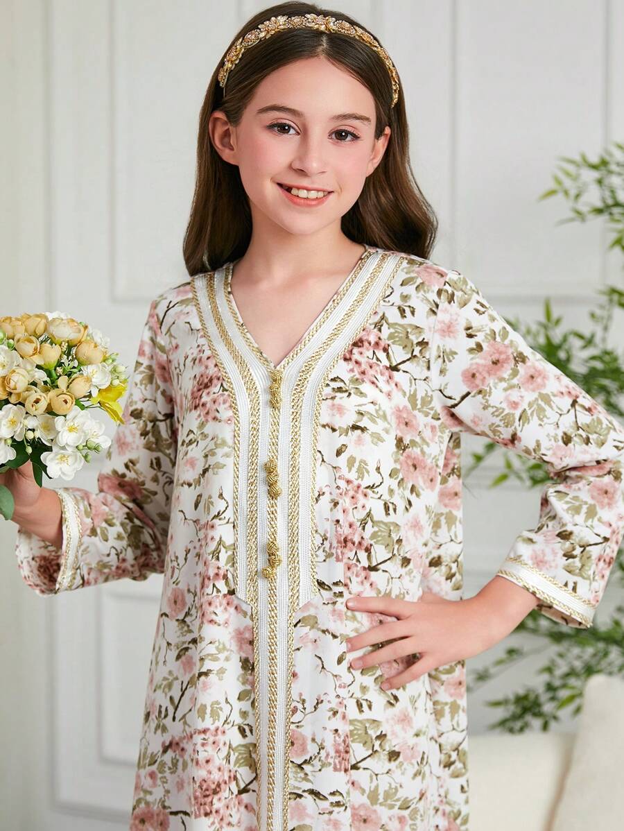 Tween Girls' Arabian Dubai Style Print Loose Long Dress/Robe - Multicolor - View 1