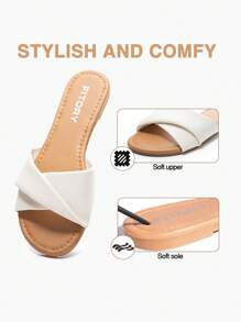 Women's Flat Slides With Open Toe Soft Leather Slippers For Summer Size 6-11