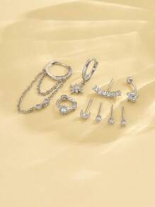 1 Bộ 9 chiếc khuyên tai Zirconia lấp lánh & kẹp tai, Bộ trang sức thời trang phù hợp cho các bữa tiệc, sự kiện, đám cưới hoặc hẹn hò - Bạc - Xem 2