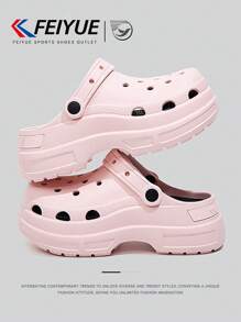 FEIYUE. 1 Pair Women's Pink Slip-On Perforated Shoes, Spring & Summer New Thick Sole Elevated Versatile Breathable Sandals, Suitable For Outdoor Activities, Hiking, Travel, Casual Wear
