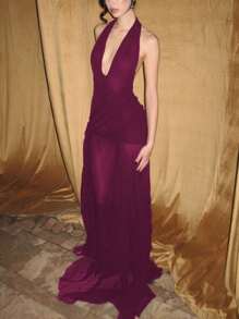 Đầm dài nữ cổ yếm chữ V hở lưng bằng vải lưới, kiểu dáng gợi cảm, xuyên thấu, thích hợp cho tiệc cocktail, đám cưới, mùa xuân. - Màu tím - Xem 1