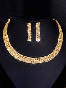 1set Shiny Gold Rhinestone Necklace & Earrings Set, Fashionable Party Accessory For Women