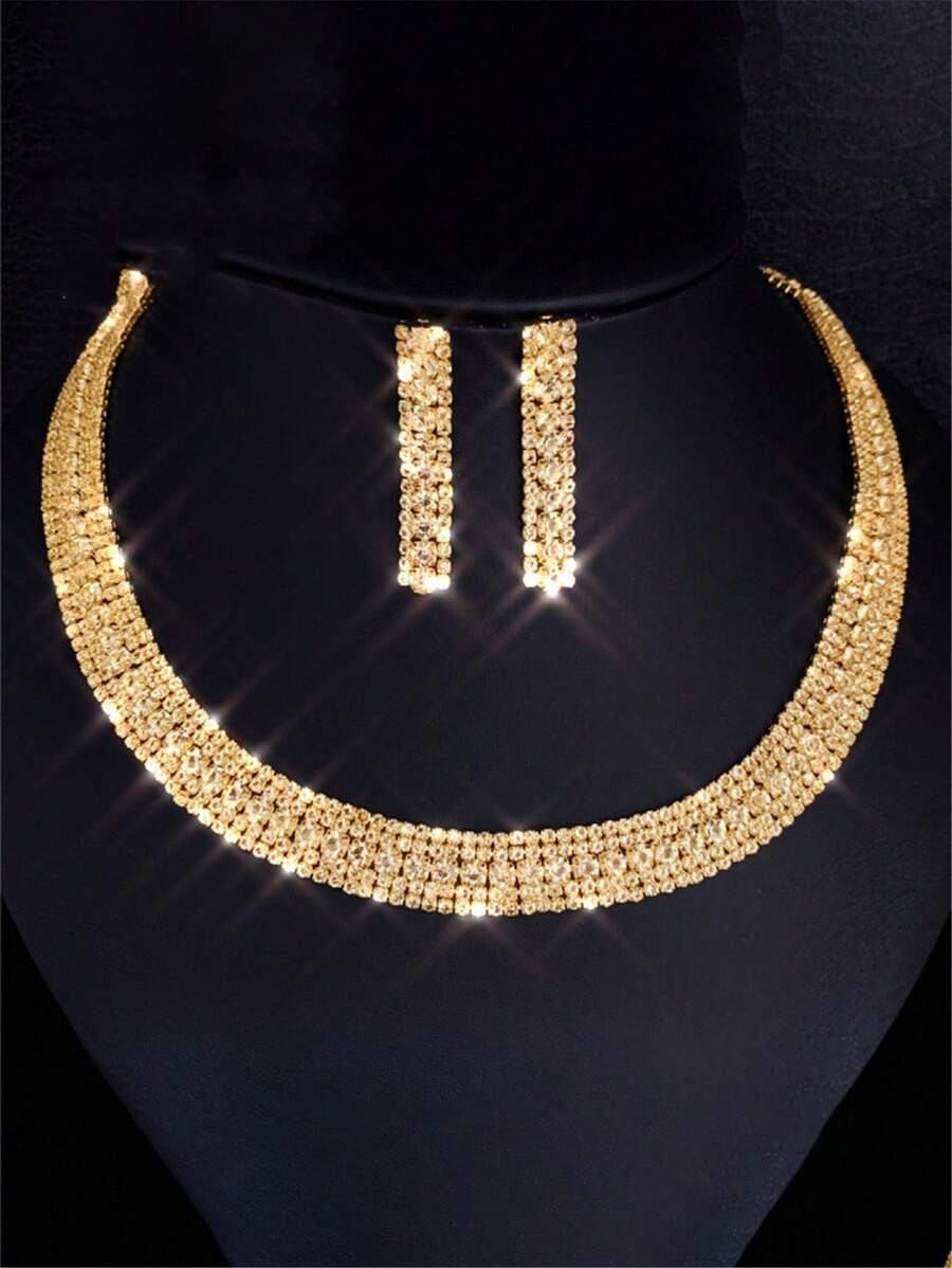 1set Shiny Gold Rhinestone Necklace & Earrings Set, Fashionable Party Accessory For Women