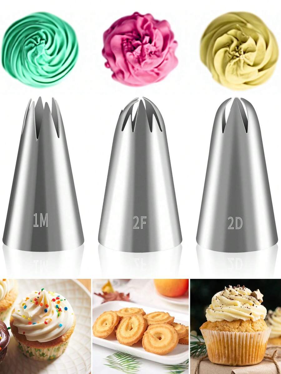 3pcs 1.2m 2D2F Seamless Stainless Steel Large Piping Nozzles, DIY Cupcake Decorating Tools