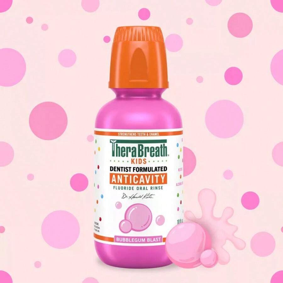 TheraBreath Kids Bubble Gum Mouthwash (2025 Happy Teeth Edition) |   10oz, Alcohol-Free Formula, Dentist Developed, Fun Foaming Action - Red - View 1