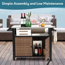 Outdoor Kitchen Wicker Island Rolling Cart & Storage Cabinet, Wheels And Stainless Steel Extended Table Top, Side Handle For Patio Kitchen Or Bar Cart