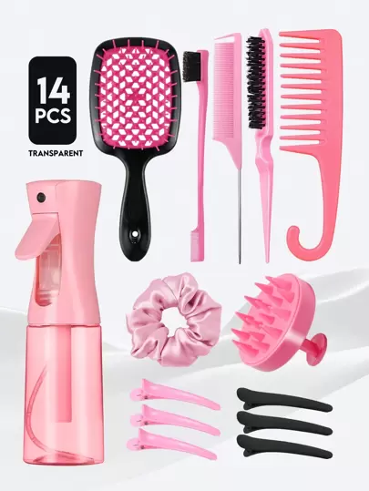 6/14件套卷发造型梳套装，包含：直发梳、空心梳、喷雾瓶、洗发梳、带钩宽齿梳、蓬松梳、尖尾梳、边缘梳（适用于粗细发质的边缘和后脑勺造型）、自然卷发造型工具以及各种美发配件。适用于理发店、美容院、旅行必备美发产品、护发用品和美发配件。