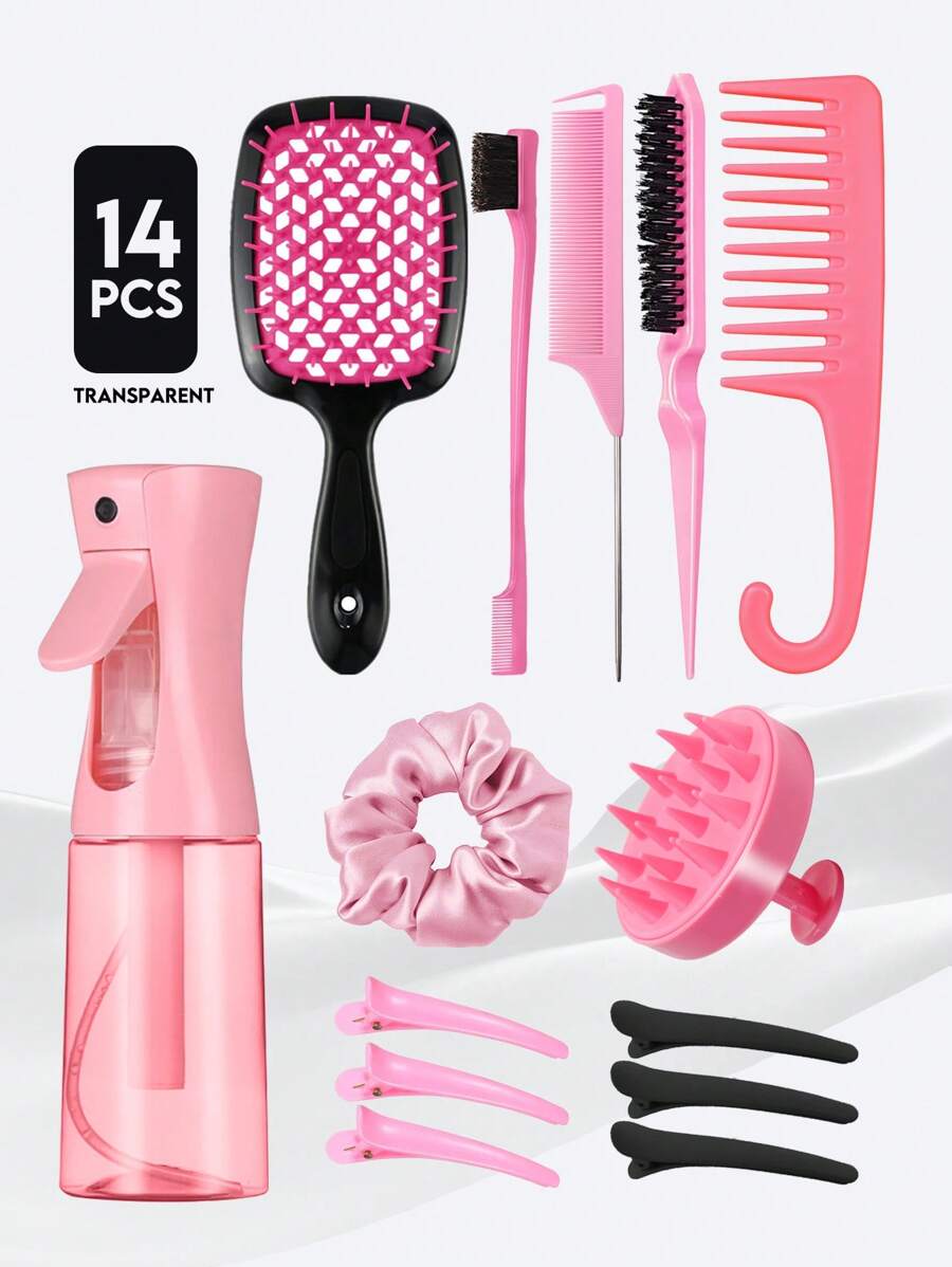 6/14件套卷发造型梳套装，包含：直发梳、空心梳、喷雾瓶、洗发梳、带钩宽齿梳、蓬松梳、尖尾梳、边缘梳（适用于粗细发质的边缘和后脑勺造型）、自然卷发造型工具以及各种美发配件。适用于理发店、美容院、旅行必备美发产品、护发用品和美发配件。