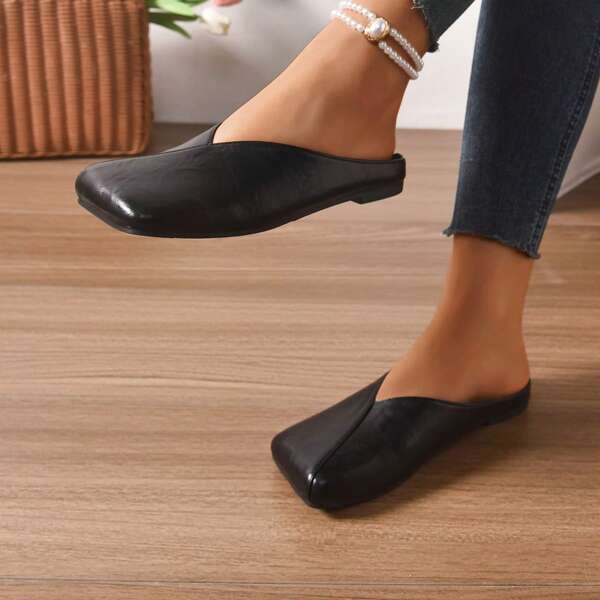 Women's Square Toe PU Soft Leather Casual Flat Slippers, Fashion, Comfortable, Versatile, Spring/Summer 2025