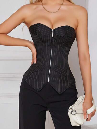 Top Corset Retrô Elegante com Listras Pretas, Bodysuit Modelador com Zíper no Decote em Formato de Coração e Bolso na Cintura, Adequado para Trabalho, Festa, Encontro, Roupa Sexy para Meninas