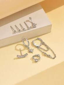 1 Bộ 9 chiếc khuyên tai Zirconia lấp lánh & kẹp tai, Bộ trang sức thời trang phù hợp cho các bữa tiệc, sự kiện, đám cưới hoặc hẹn hò - Bạc - Xem 3