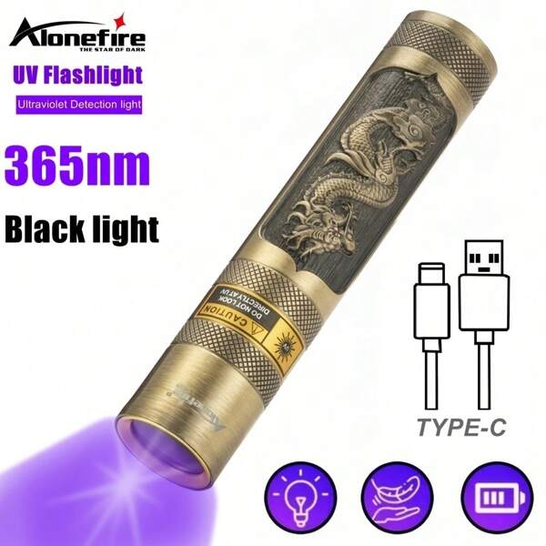 Alonefire Alonefire SV65 High Quality 365nm UV Blacklight Wood's Lamp LED Flashlight Built-In USB Rechargeable Battery Ultraviolet Invisible Ink Marker Resin Curing Torch Cat Dog Pets Stain Tinea Leakage Marker Ore Money Vitiligo Scorpion Fluorescence Detection Lamp, Camping Accessories
