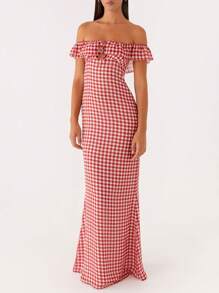 Womens Off The Shoulder Ruffle Party Dresses Beach Maxi Dress Summer Long Bodycon Sundress - Red - View 4