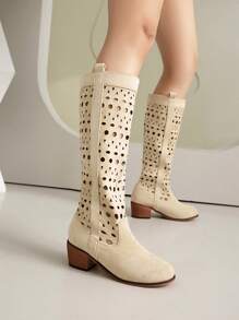 Bottes mi-mollet à talon épais évidées de style occidental pour femmes, respirantes, pour le printemps/l'été/l'automne