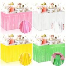 1 Pack Pink Foil Fringe Table Skirt, Pastel Color Pink/ White/ Yellow/ Green Metallic Tinsel Streamers Garland Banner Backdrop For Parade Float, Birthday, Thanksgiving, Christmas, Babyshower Party Table Decorations