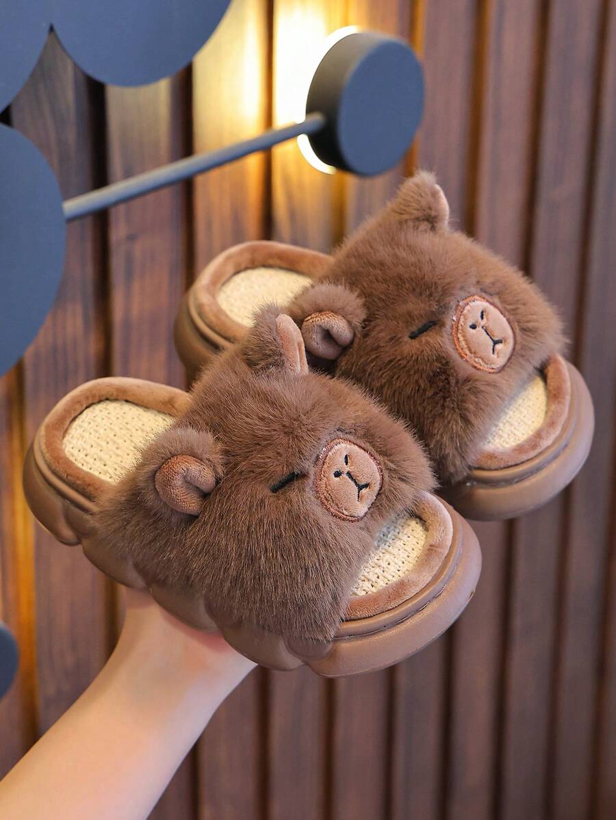 1 Pair Kids Boy Indoor Slippers, Anti-Slip Linen House Slippers For Toddlers, Suitable For Spring & Autumn - Brown - View 1