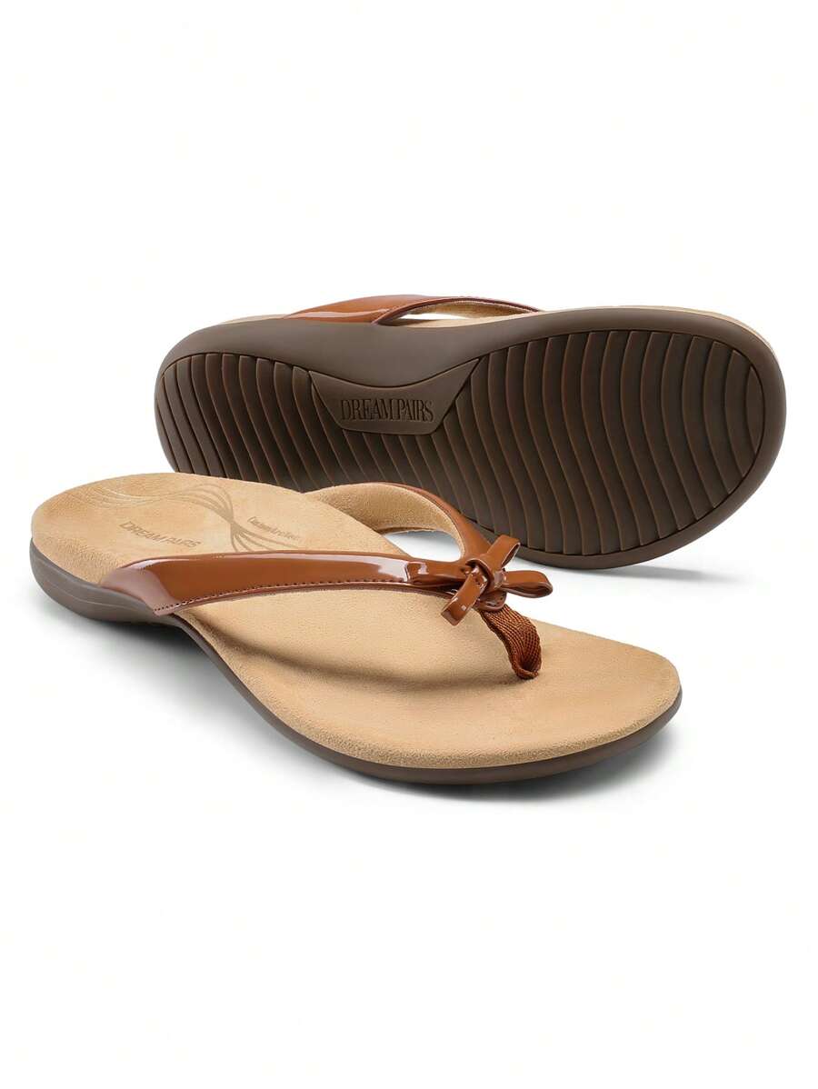 Women's Low Wedge Flip Flops Bow Knot Arch Support Orthopedic Thong Slides Sandals Comfortable Dress Walking Summer Vacation Sandals Shoes - 棕色 - 查看 1