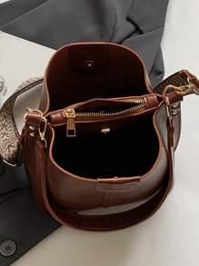 High-End Versatile Bucket Bag, Fashionable Solid Color Shoulder Bag, Retro Niche Design, Women's Shoulder Bag, Suitable For Work, Commuting, Daily Outings, Shopping And Dates - Brown - View 8