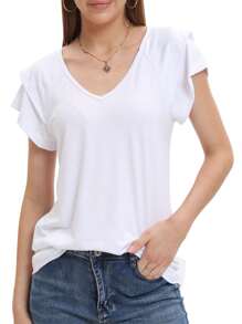 Yeeloon Women's Summer Lotus Sleeve Top Pleated Short Sleeve V-Neck T-Shirt Casual Loose
