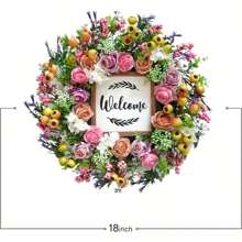 Spring Summer Wreath For Front Door, 18 Inch Artificial Berries And Colorful Flower Wreath With Welcome Sign, Spring/ Summer Greenery Wreath For Front Door Wall Window Festival DecorMother's Day Easter