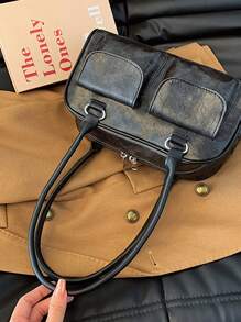 1pc Vintage Minimalist Zipper Tote Bag, Decorated With Pockets, Dual Handles, Suitable For Women's Casual Daily And Commute Use - Black - View 4