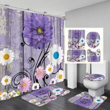 1 Stück / 4 Stücke farbenfrohe abstrakte Blumen Kunstwerke Multifunktions Badezimmer wasserdichter Duschvorhang mit 12 Haken, rutschfeste Badmatte, U-förmige Toilettenvorlage und runde Toilettendeckelabdeckung, Badezimmer Set für alle Szenarien Schulanfang