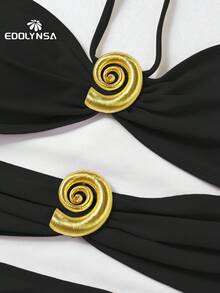 性感女士纯色抹胸连体泳衣搭配高开叉沙滩裙两件套沙滩装海螺度假装 - 黑色 - 查看 5