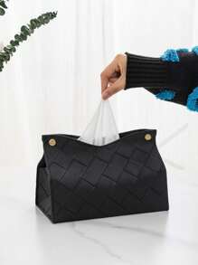 1pc/2pcs/5pcs/10pcs Solid Color Square Plaid Tissue Box, PU Leather Vertical Woven Embossed Button Tissue Paper Holder, Suitable For Bedroom, Living Room, Dining Table, Bar, Office Desk, Bathroom, Waterproof