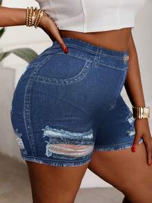 Plus Size High Stretch Skinny Distressed Denim Effect Casual Sports Shorts - Blue - View 2