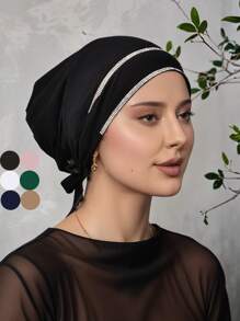 1件装女士纯色水钻内衬头巾，弹性发带设计，内衬头巾，优雅时尚，适合日常佩戴和祈祷时穿着。 - 雙排燙鑽綁帶帽 - 查看 11