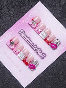10 件套 - Y2K 手工鸭嘴指甲贴片，粉色指甲，白色，红色，裸色，带法式贴片，3D 水滴，3D 蕾丝，硬封涂层，喷枪，粉末涂层，混合，雕刻，手绘心形，手绘 XO，气球心形，白色猫头，粉色嘴唇，粉色花朵，红色花朵，适合母亲节、聚会和日常佩戴。包括指甲工具。物品颜色随机