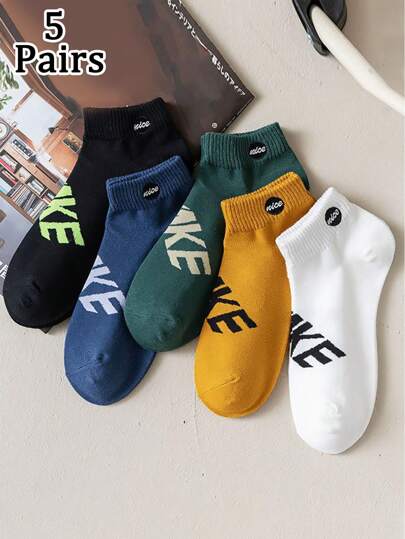 5 pares de calcetines tipo tobillero unisex cómodos y casuales con gráficos de letras, ideales para actividades al aire libre y estilo callejero diario, apropiados para todas las estaciones