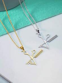 Customized 18K Gold Plated Scissors & Comb Necklace, Personalized Stainless Steel 304L Pendant Jewelry Gift, Daily Wear Jewelry Accessories - Silver - View 4