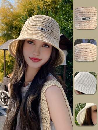 1 件女士新款镂空纯色网眼渔夫帽，透气防晒时尚草帽，适合户外旅行、度假、春夏日常穿着