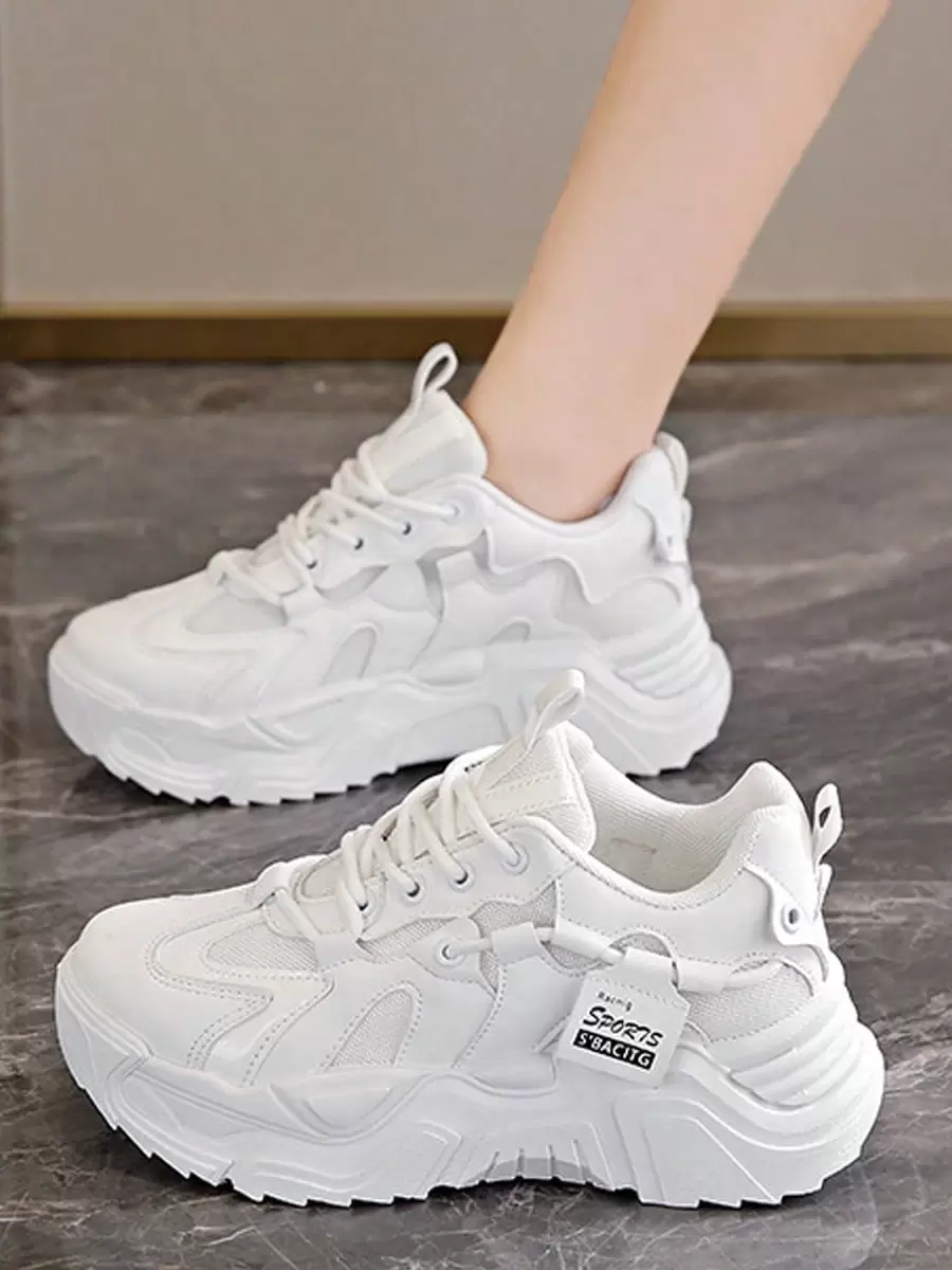 Women's fashion casual trainers, lace up, height increase, thick sole, - Blanco - Ver 1