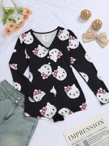 Sanrio 1pc Women Sexy V-Neck Half-Open Front Long Sleeve Printed Romper, Fall, Winter