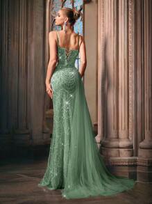 LUVISTRUE Goddess Temperament Sequins Splicing Summer Formal Dress Women Beaded Evening Gown For Charity Prom, Galas, Birthday Party, Red Carpet, Graduation Season Prom, Dinner Solid Color Spaghetti Strap Mermaid Gown Maxi Long Dresses - Mint Green - View 3