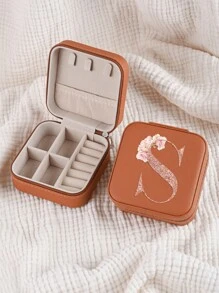 1pc Caixa de joias rosa com flores rosas, caixa de joias de viagem da moda com letras de ouro rosa, caixa de joias de viagem de presente personalizada, presentes de aniversário para mulheres, presentes de Natal para meninas adolescentes, iniciais, caixa de joias de viagem A-Z