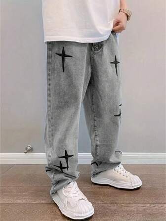 Men's Fashion Loose Straight Leg Cross Star Casual Jeans, Emo Style