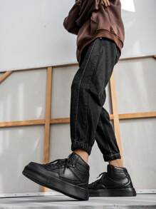 Men's Classic Black Letter Splice Lace-Up Round Toe Casual Sneakers, Streetwear High-Top Comfortable Skateboarding Shoes For Youths - Black - View 8