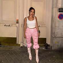 Women Cropped Lace Capri Pants Sexy See Through Lace Floral Leggings Shorts Slim Fit Bowtie Side Pedal Pushers Coquette Tight Bottoms - 粉色 - 查看 8