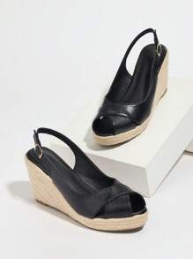 2025 Giày Sandal Đế Xuồng Hở Ngón Thời Trang Nữ Màu Trơn Du Lịch Đi Biển Đa Năng Đế Xuồng Đế Xuồng - màu đen - Xem 6